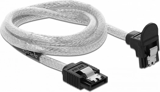 Kabllo SATA DeLOCK 85347, 0.7 m, SATA 7-pin M/M, 6 Gbit/s, këndore poshtë, e zezë/transparente