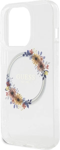 Mbështjellës Guess IML Flowers Wreath MagSafe për iPhone 15 Pro, Transparent