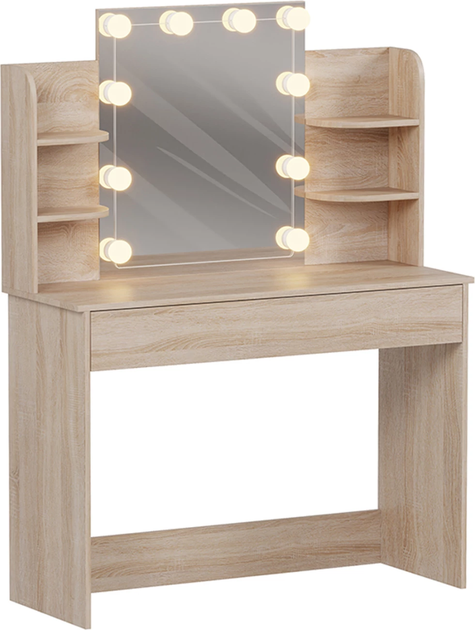 Tavolinë grimi me drita LED, rafte, sirtarë, Lauryn FH2502.01, ngjyrë sonama, 101.8x40x139.5H cm