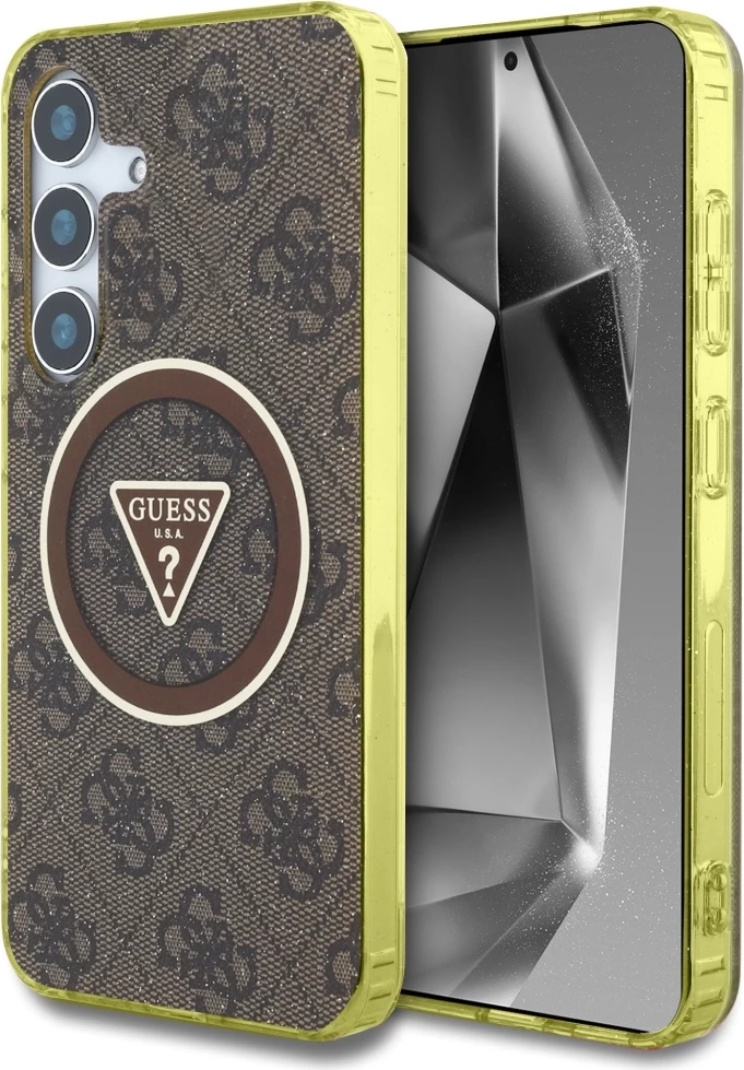 Mbështjellës Guess 4G Glitter Triangle Buttons MagSafe për Samsung Galaxy S25, Kafe