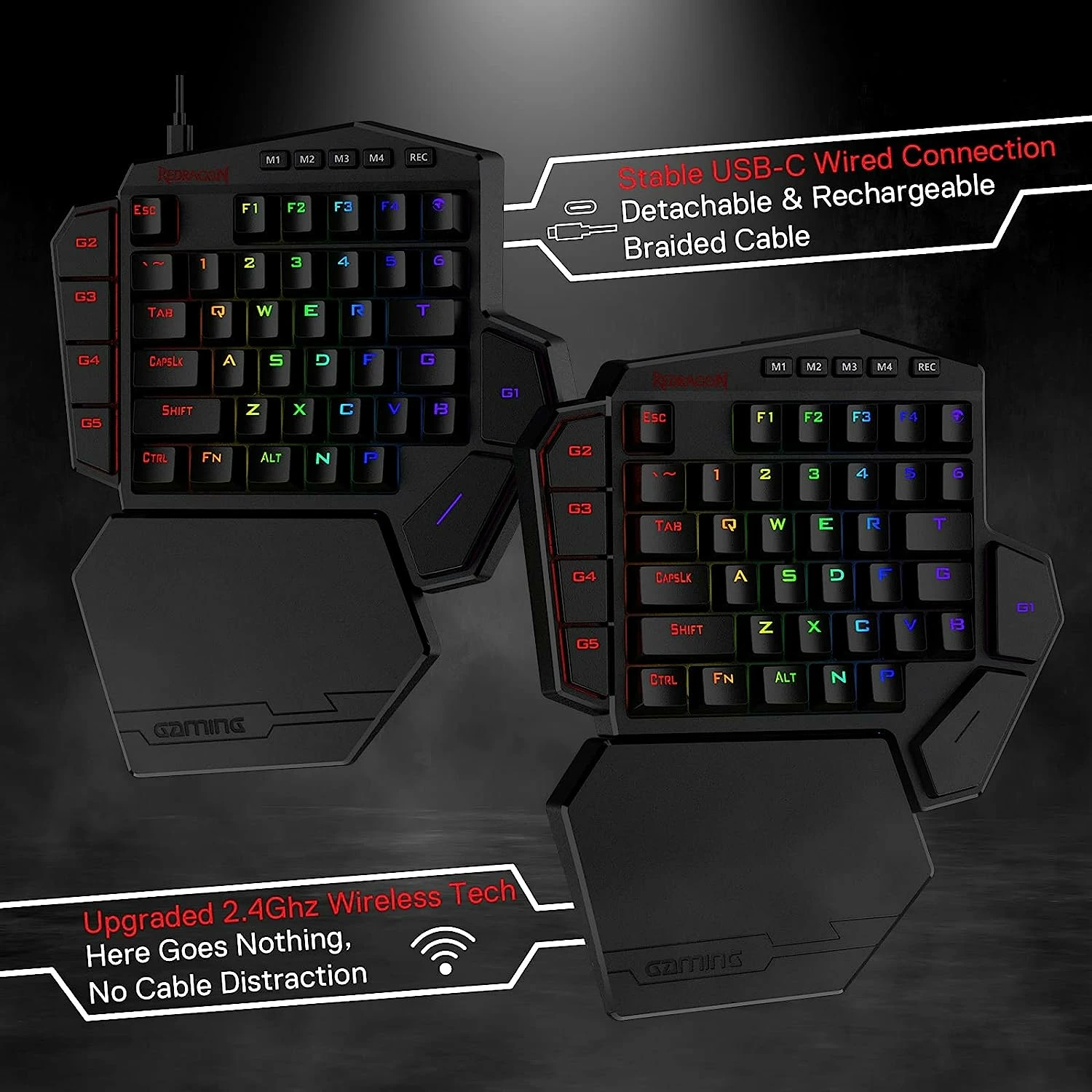 Tastierë mekanike gaming Redragon DITI Elite K585RGB-KS, wireless 2.4G + me kabllo, Brown switches, RGB, 42 taste, 7 tasta makro, e zezë
