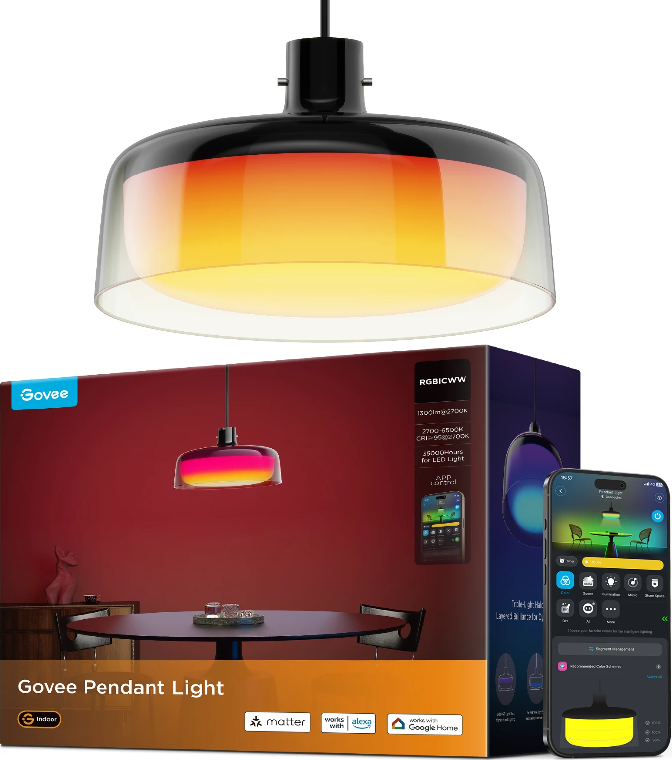 Llambë varëse smart Govee RGBICWW, RGBIC 360°, 2700-6500K, CRI95, e zezë