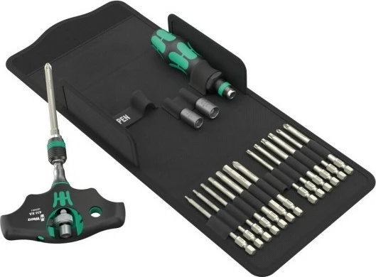 Set veglash Wera 05136072001, 18 pjesë, kuti tekstili, zi/gjelbër