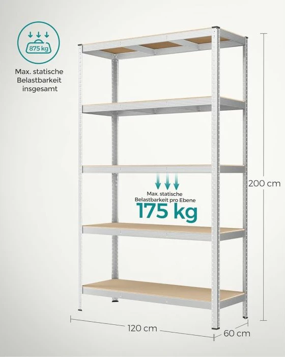 Raft magazinimi metalik SONGMICS GLR060E01, 60 x 120 x 200 cm, 5 rafte, kapacitet 875 kg, argjend