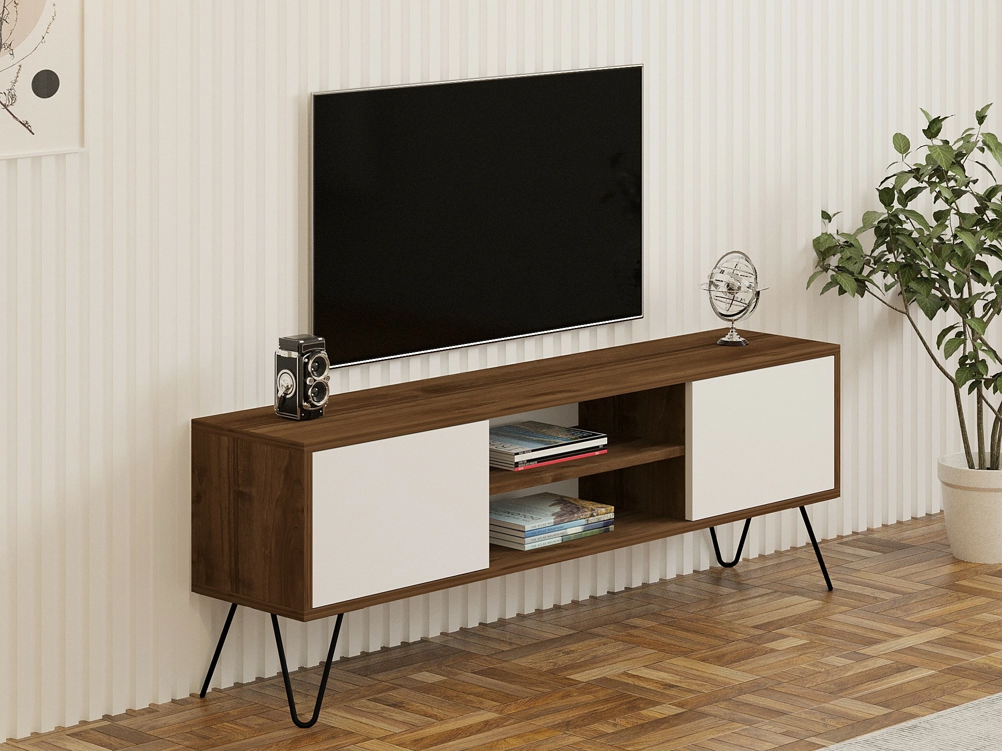 Komodë TV Hanah Home, Eva, ngjyrë arre dhe e bardhë, 140x50x30cm