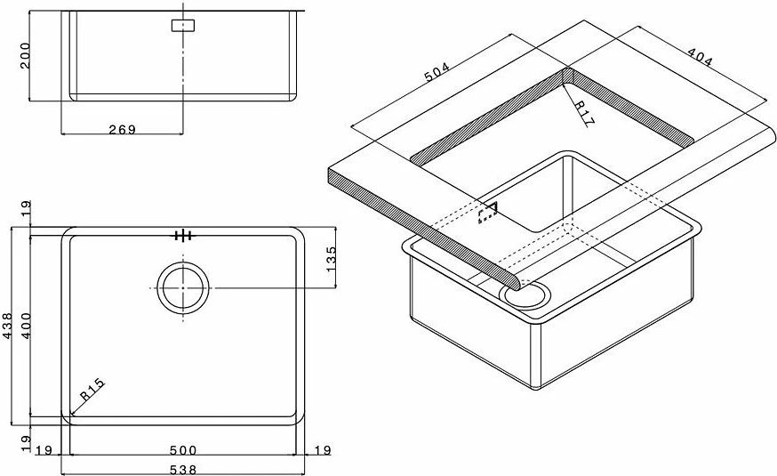 Lavaman Apell FEM50UBC, 54 x 44 cm, çelik inox