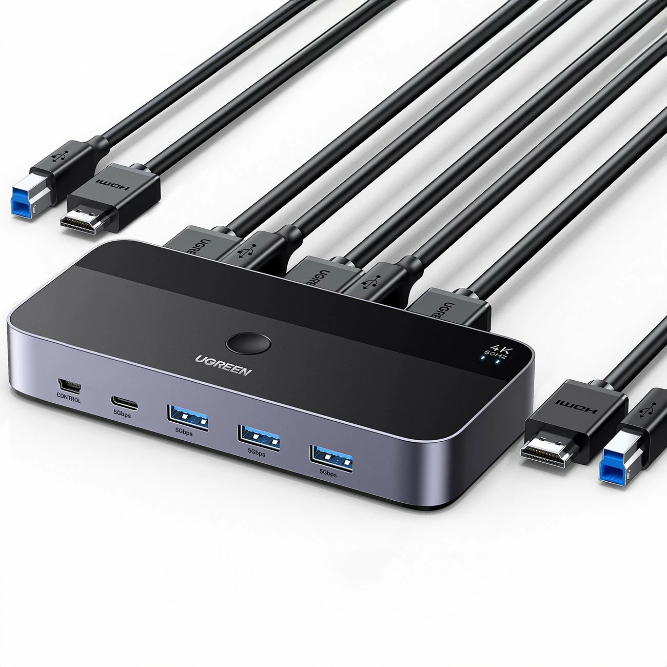 KVM Switch Ugreen CM664, 3xHDMI, USB 3.2 Gen2 5Gbps, 4K@60Hz HDR, me telekomandë, set me kabllo, i zi
