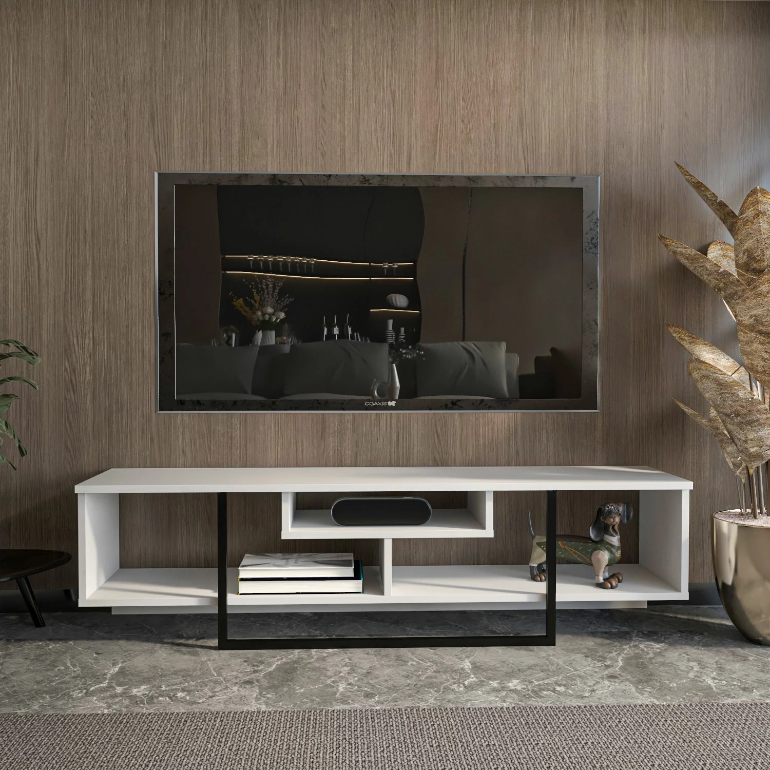 Komodë TV Skye Decor, e bardhë dhe e zezë, 150cm