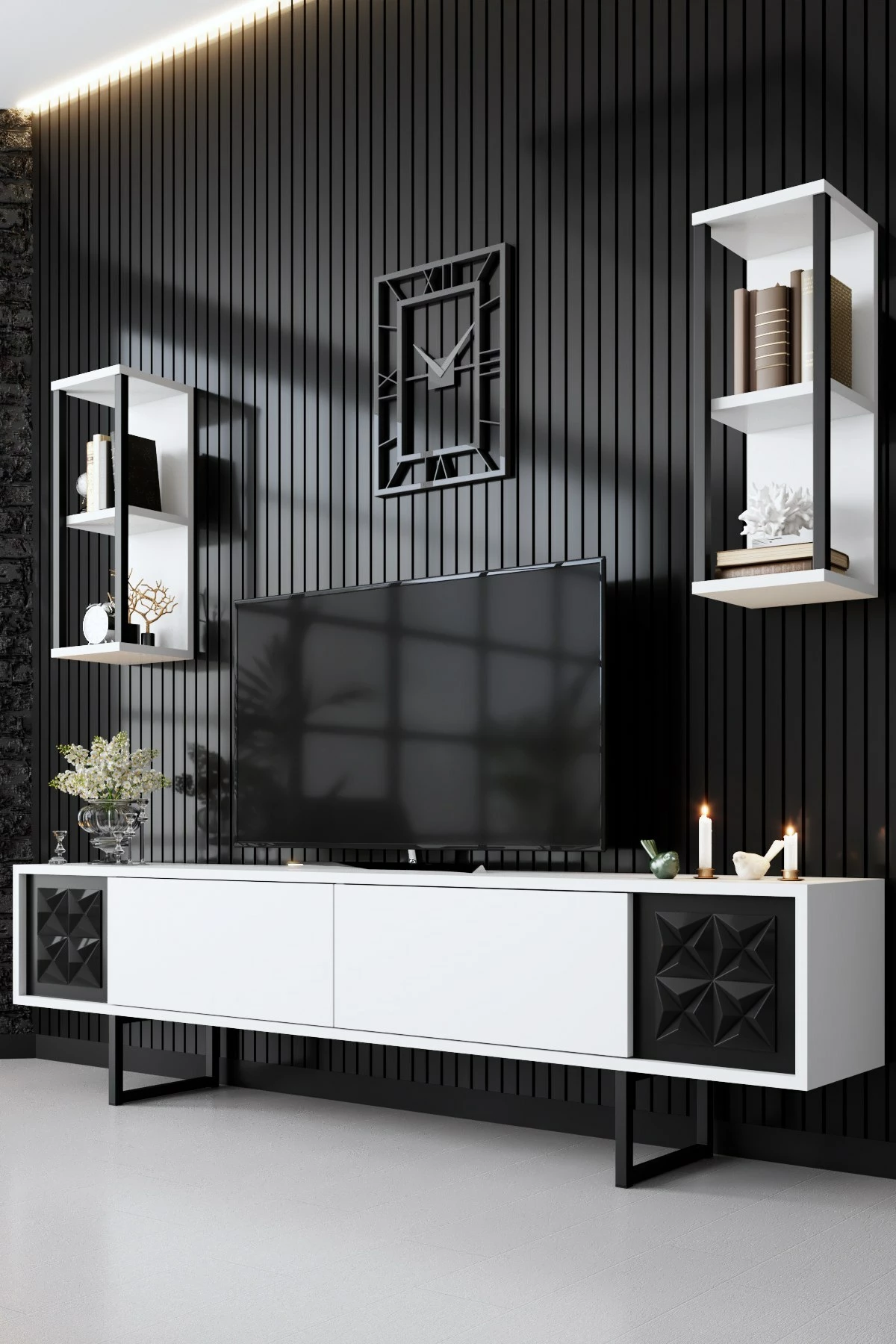 Set mobiljesh për dhomë dite Hanah Home, Black Line, e bardhë, e zezë