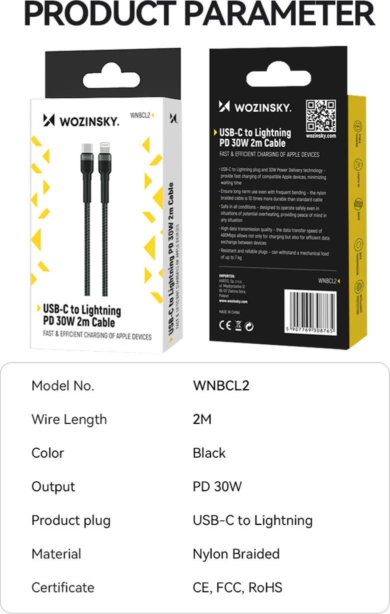 Kabllo karikimi dhe të dhënash Wozinsky WNBCL2, USB-C në Lightning, 2m, 30W, najlon, e zezë
