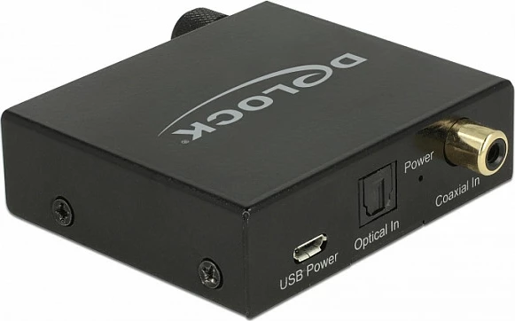 Konvertues audio DAC DeLOCK 63972, S/PDIF Coax + TOSLINK në RCA + dalje kufjesh, Micro-USB B, i zi