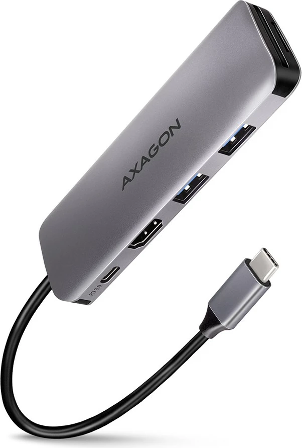 Adapter multiport AXAGON HMC-5, 5 porte, USB-C, HDMI 4K, SD/microSD, Power Delivery 100W, 20cm, zi/gri