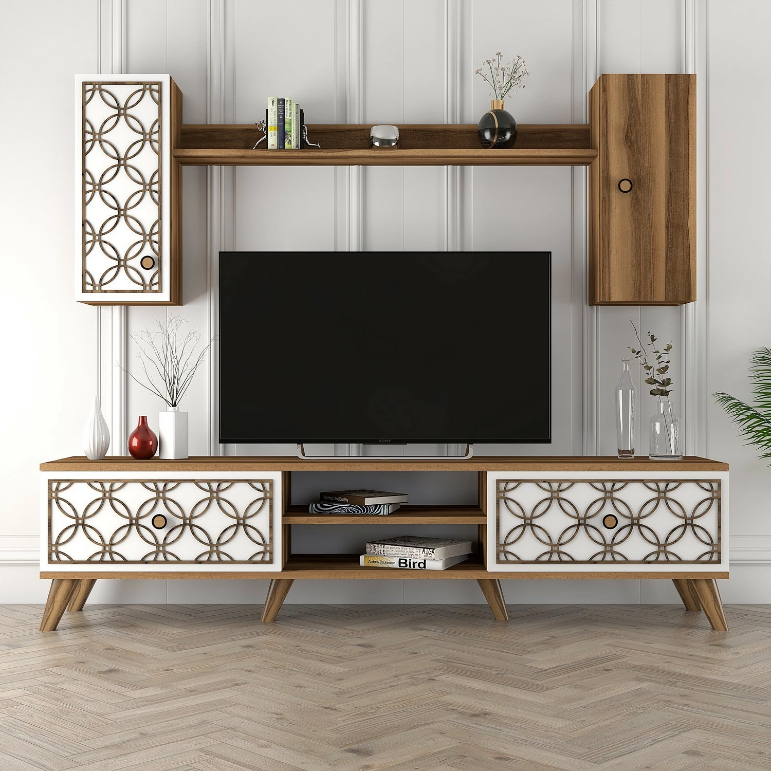Komodë TV Hanah Home, Class S, ngjyrë arre dhe e bardhë