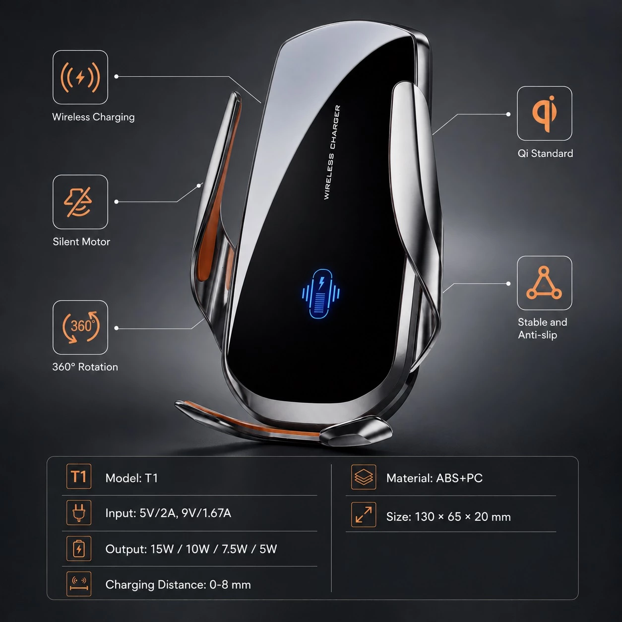 Mbajtëse Telefoni për Makinë T1 me Karikim Wireless 15W dhe Rrotullim 360°