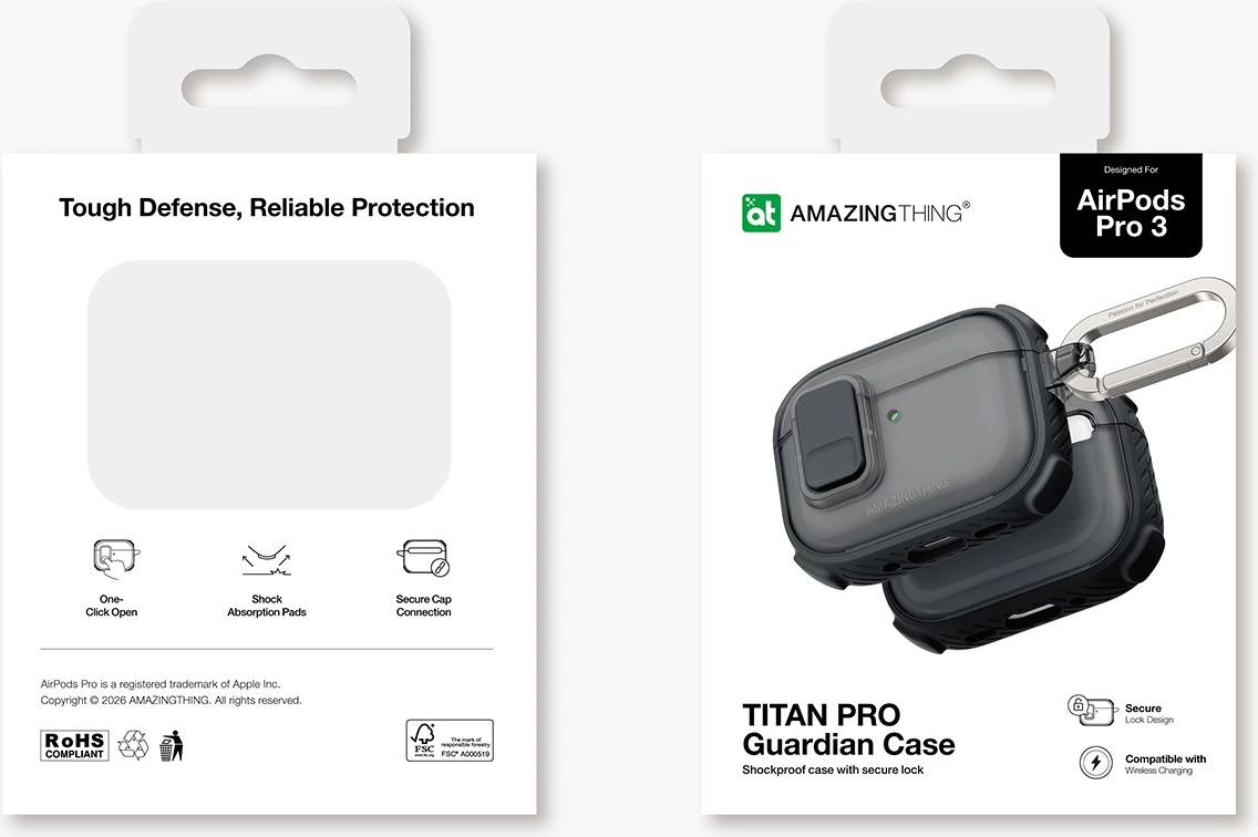 Mbështjellës për kufje, AmazingThing Titan Pro Mag Case Clear për AirPods Pro 3, PC+TPU, përputhshëm me karikim wireless, me karabiner, e zezë