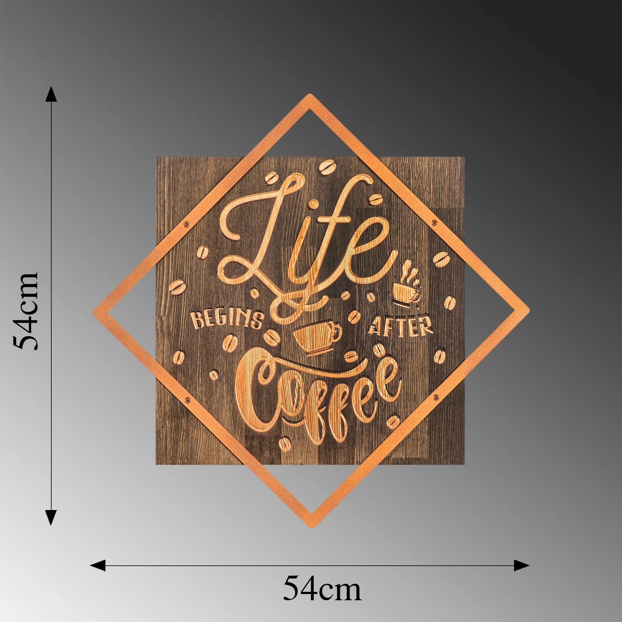 Aksesor dekorativ për mur, dru dhe bakër, Life Begins After Coffee, Wallity, ngjyrë arre-bakër, 54x54cm