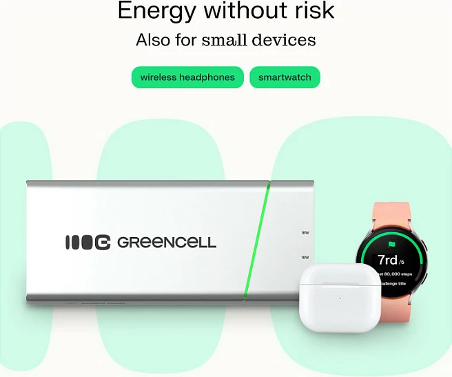 Power bank Green Cell PowerPlay Pro 65W (PBPLGC20P), 20800 mAh, USB-C PD, 3 porta, argjendtë/zi me detaje jeshile