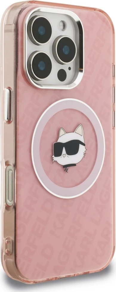 Mbështjellës Karl Lagerfeld IML Choupette Head Logo MagSafe për iPhone 16 Pro Max, rozë, me kuti