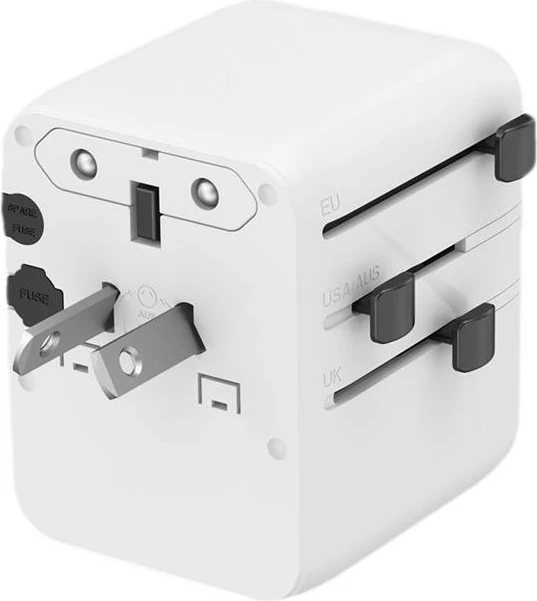 Adapter udhëtimi universal murit, Gembird, TPA-1A2C20-01-W, 20W GaN me 2x USB-C + USB-A dhe prizë AC, me plugje US/UK/EU/AU, i bardhë