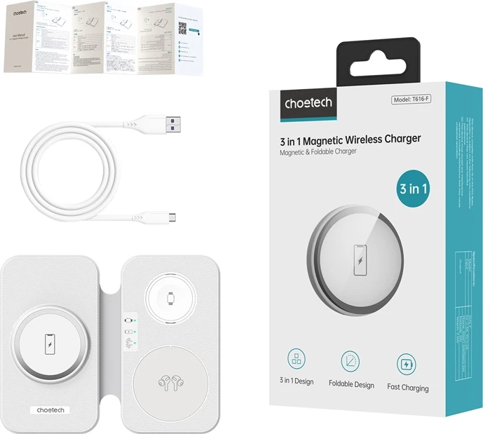 Karikues wireless 3-në-1 Choetech T616-F, i bardhë