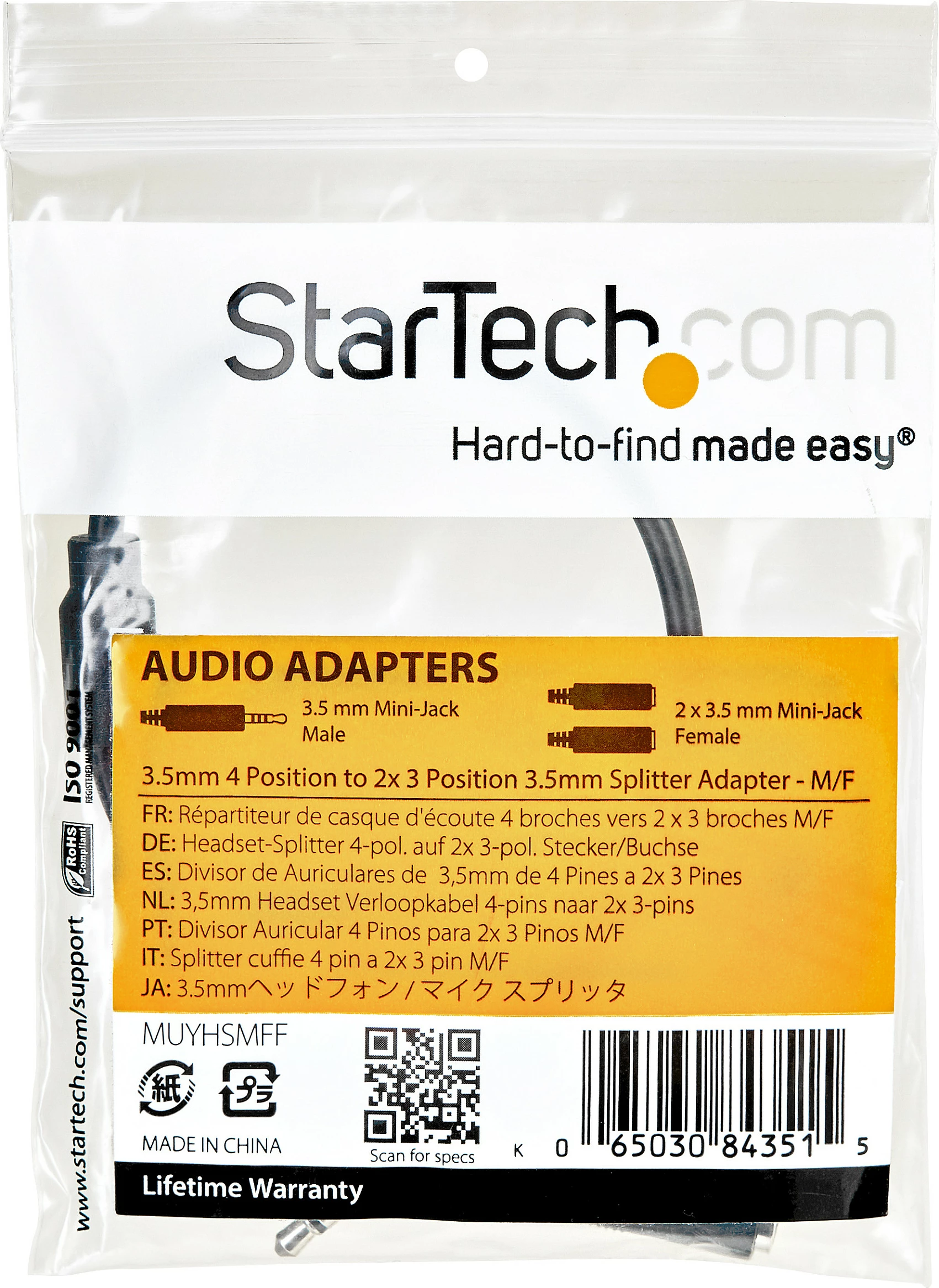 Adapter kufje StarTech MUYHSMFF, 3.5mm (4-pin) në 2x 3.5mm (audio + mikrofon), 0.2m, i zi