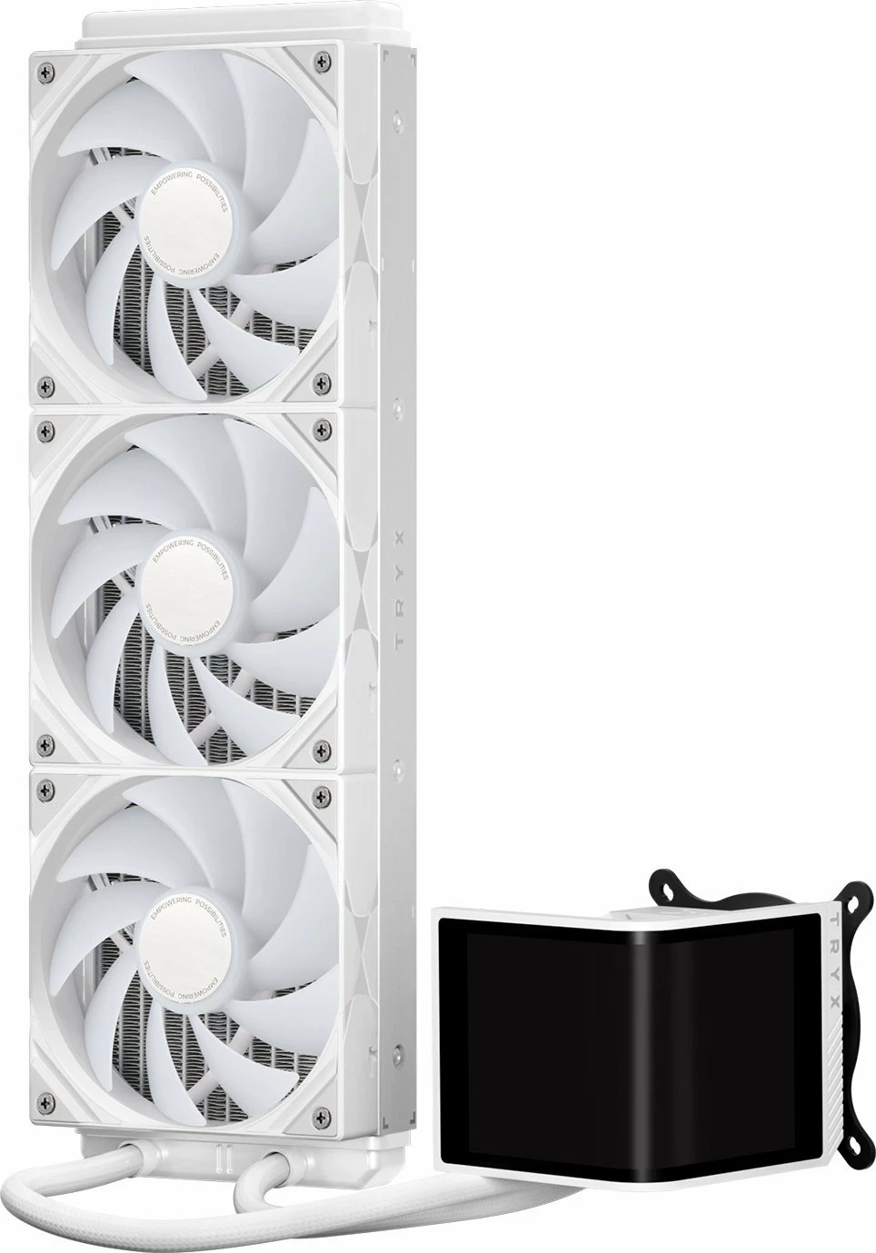 Ftohës uji AiO për CPU TRYX Panorama SE ARGB 360 (L-P360L-AM3M-G0W), 3x120mm PWM, ekran 3D AMOLED 2K 60Hz, e bardhë