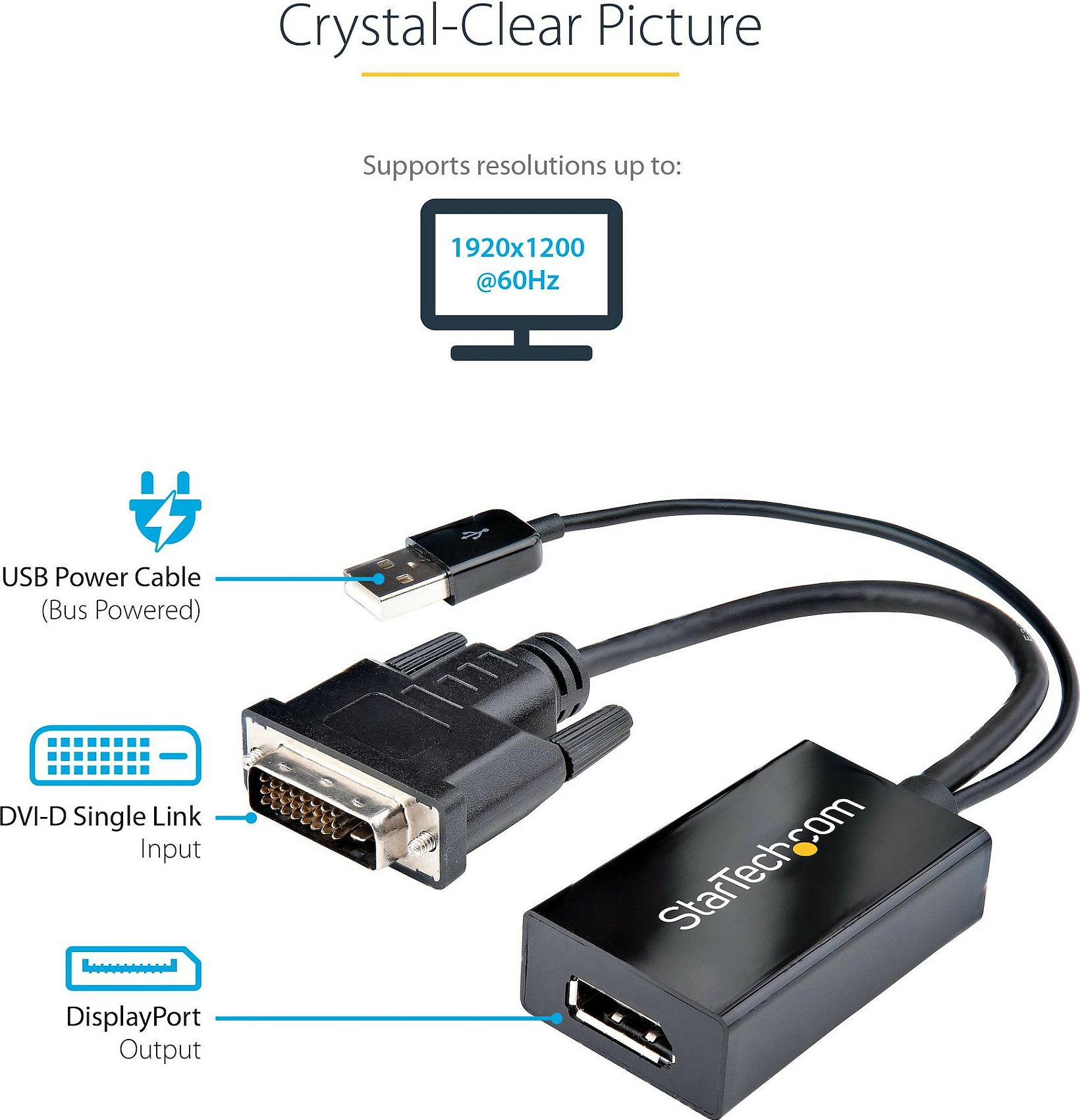 Adapter video StarTech DVI-D në DisplayPort, USB power, 0.254 m, 1920x1200, i zi