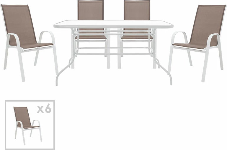 Tavolinë me karrige 7 pjesë Valor-Calan metalike e bardhë-tekstilen kafe