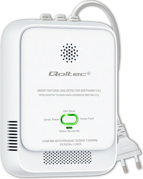 Sensor rrjedhje gazi natyror CH4 Qoltec 52650, alarm 85 dB, LED, AC 220-240V, i bardhë, set me vida