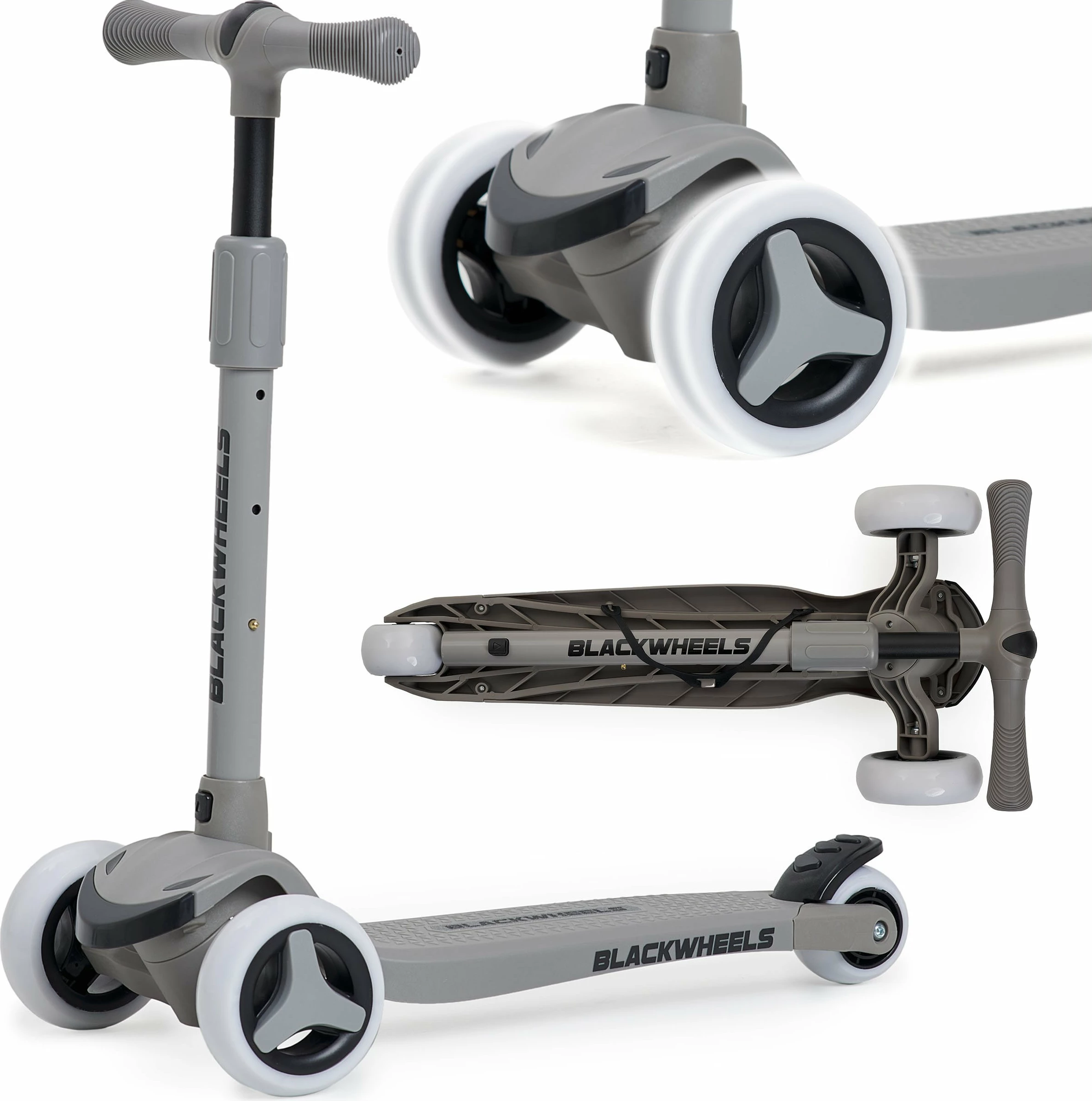 Skuter tre-rrotësh Blackwheels Blink, rrota LED, i palosshëm, 61-75 cm, 25 kg max, gri