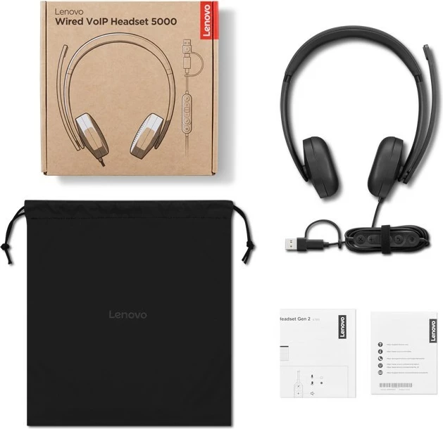Kufje me kabllo VoIP, Lenovo Wired VoIP Headset 5000 4XD1R88995, stereo me mikrofon, USB-C me adapter USB-A, anulim zhurme, mbi vesh, e zezë