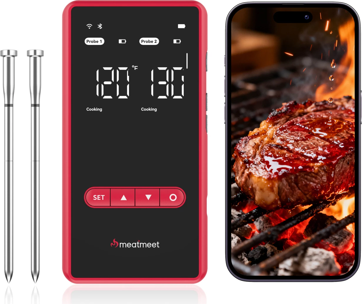 termometër kuzhine, Meatmeet, X Pro, Bluetooth + WiFi, saktësi ±0.1°C, IP69, 2 sonda pa tela, e zezë, set me 2 sonda
