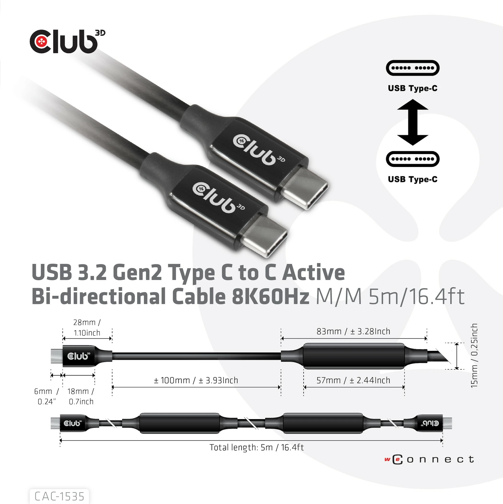 Kabllo USB-C Club3D 5m, USB 3.2 Gen 2, 60W, e zezë