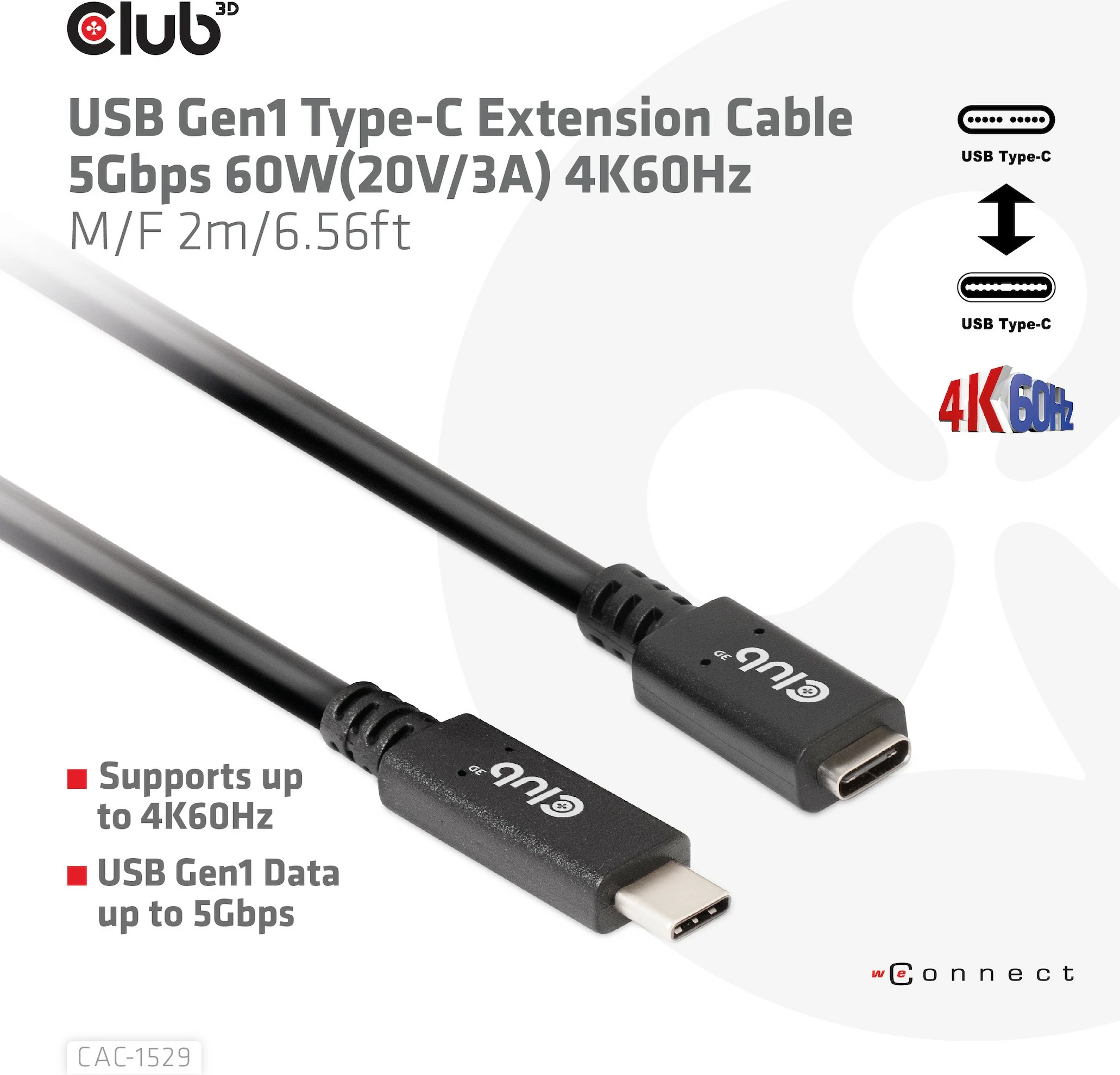 Kabllo USB-C Club3D 1m zgjatues, 5Gbps, e zezë