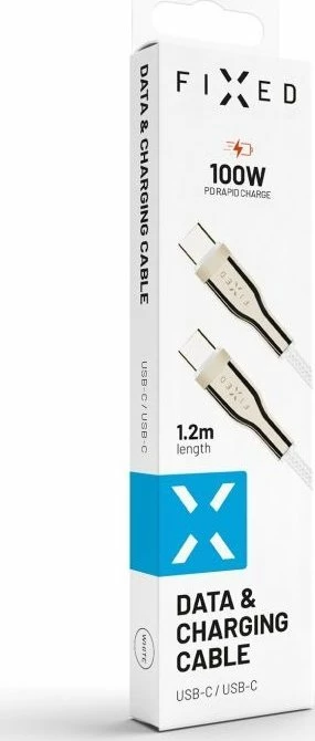 Kabllo USB-C në USB-C Fixed FIXDB-CC12-WH 1.2 m 100W e thurur, e bardhë, me organizues dhe rrip Velcro