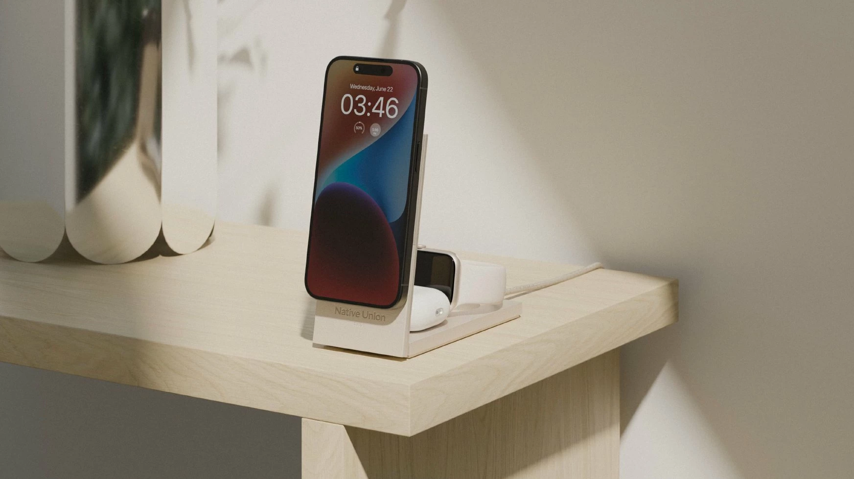 Karikues wireless Native Union Rise 3-in-1 Qi2 15W MagSafe, Sand/Gray, me kabllo USB-C 2m