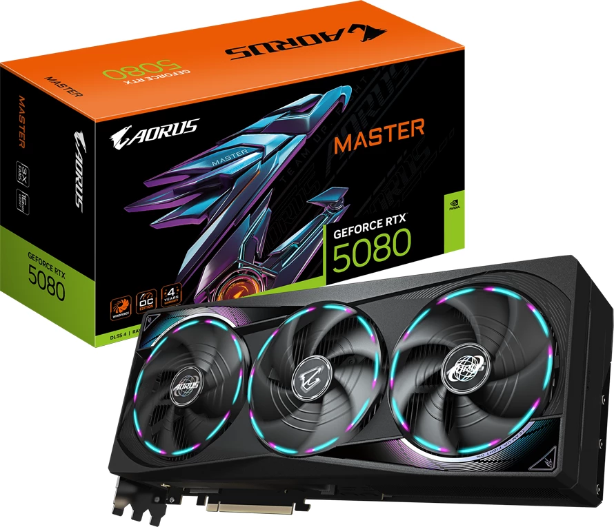 Kartë grafike GIGABYTE GeForce RTX 5080 AORUS MASTER 16G, 16GB GDDR7, 256-bit, PCIe 5.0, 3xDP/1xHDMI, 3 ventilatorë, e zezë