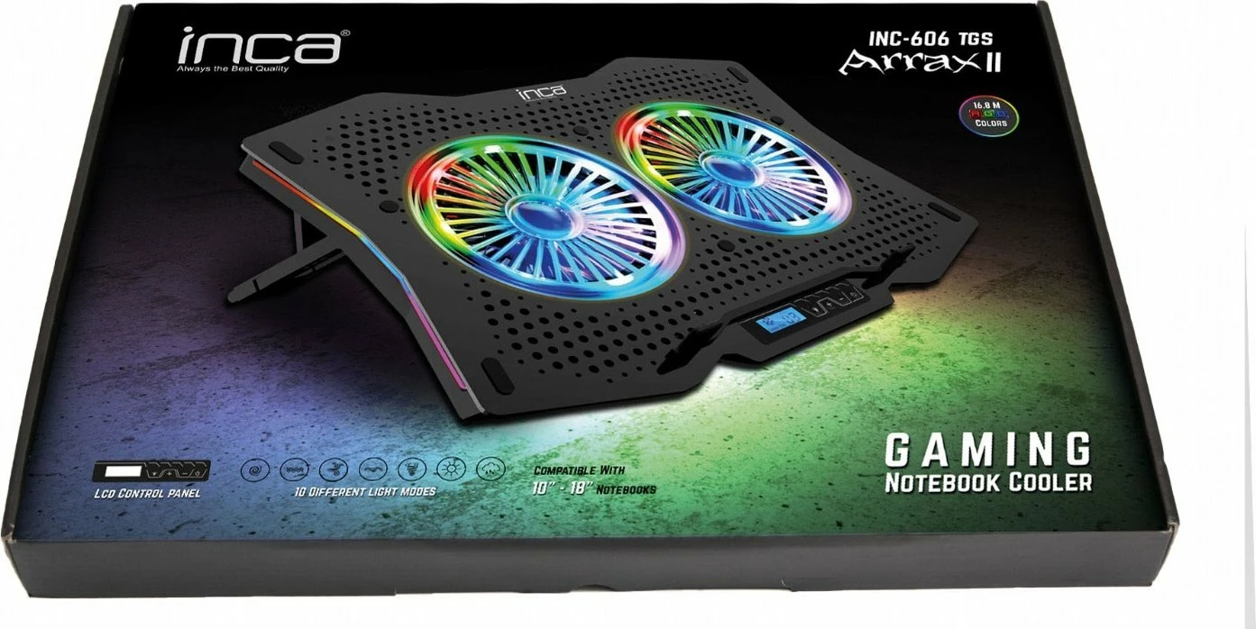Stendë ftohëse për laptop Inca INC-606TGS, 10-18", 2 ventilatorë RGB, LCD panel, e zezë