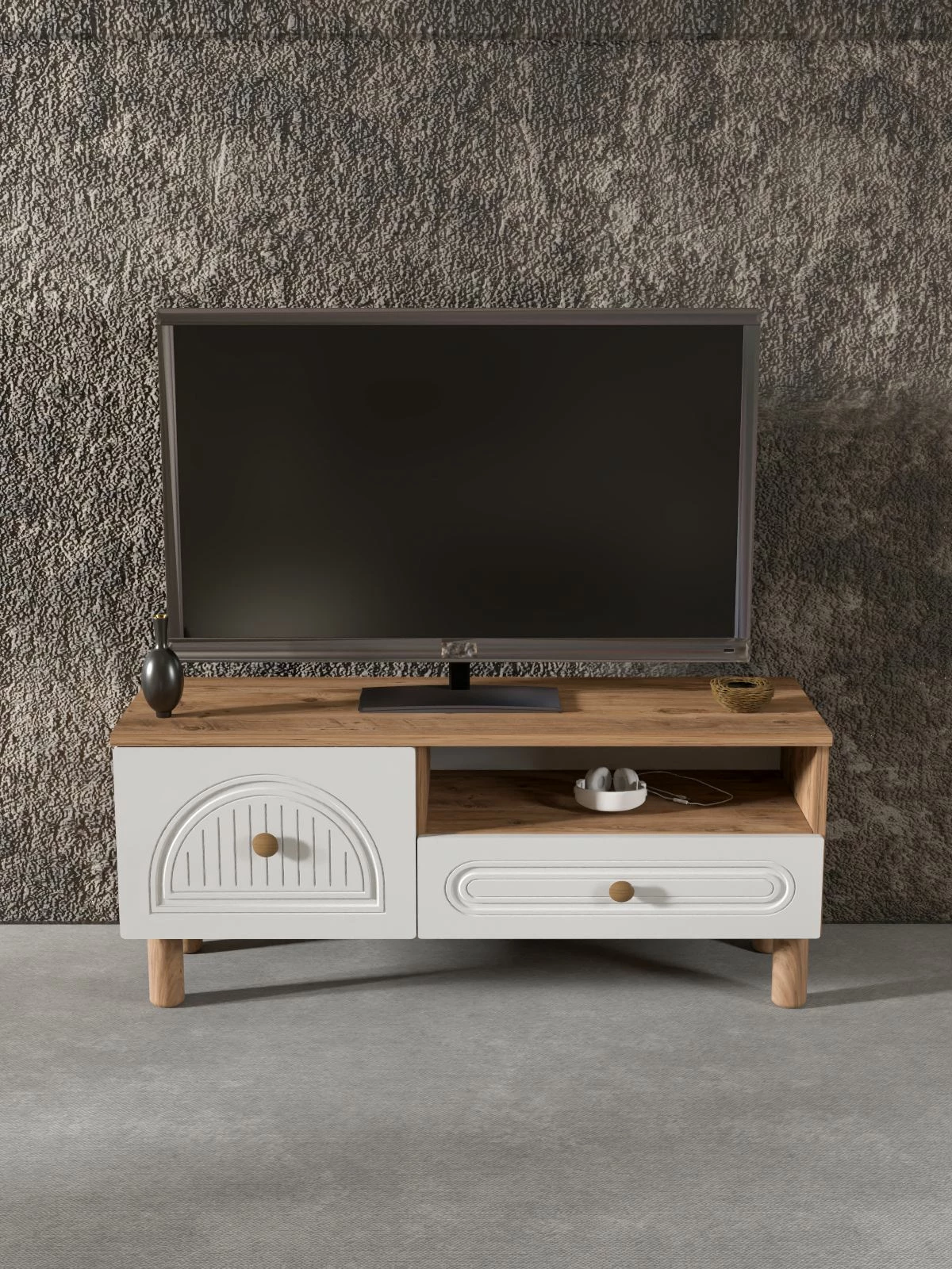 Komodë TV Skye Decor, Arcera 105, ngjyrë pishë Atlantike dhe e bardhë