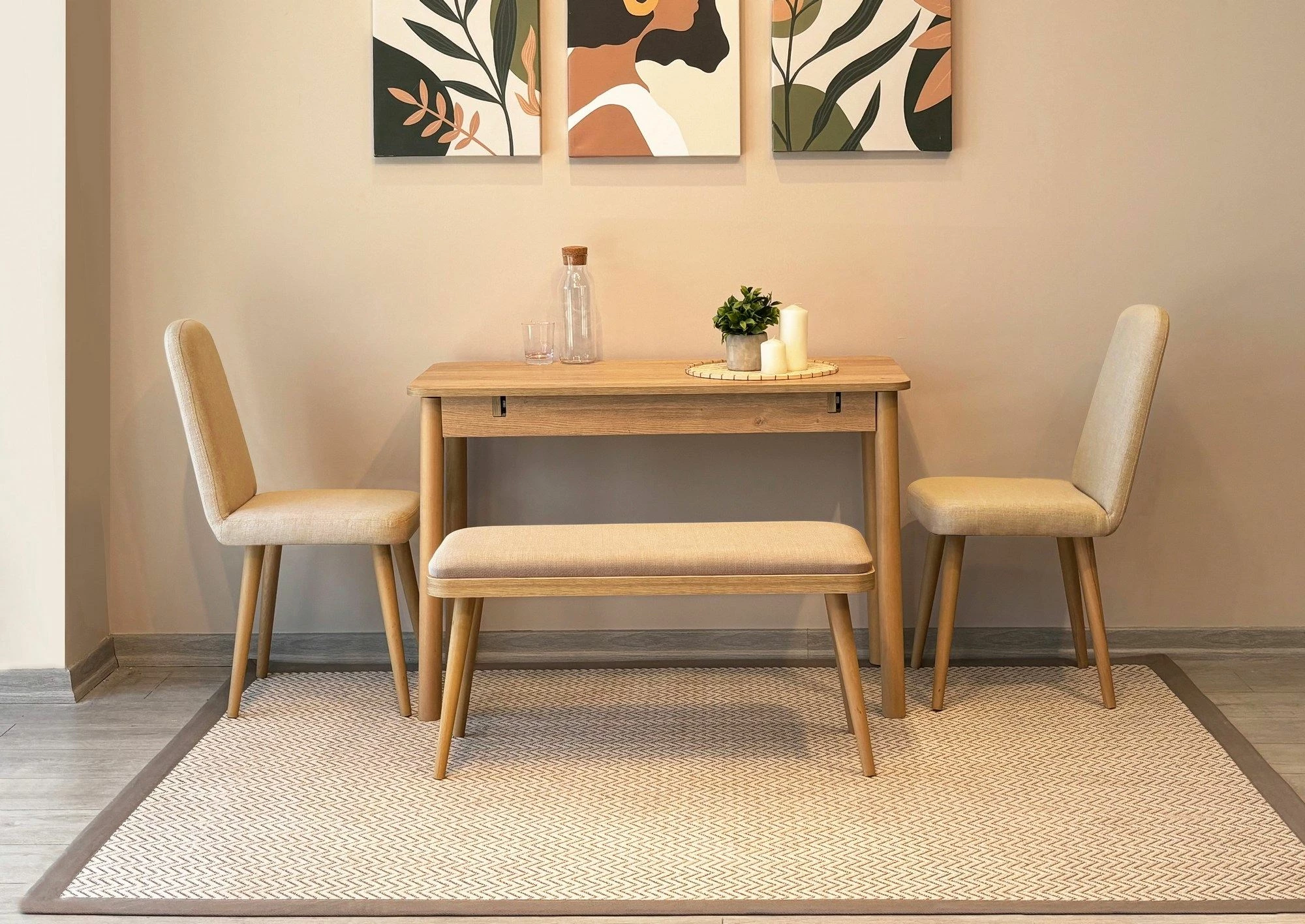 Set tavolinë me karrige për ngrënie, zgjatues, ngjyrë lis dhe krem, Skye Decor, Vina Mini 01 1005, 4 pjesë