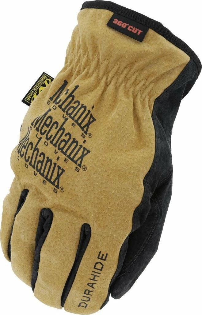 Doreza pune lëkure Mechanix Wear DuraHide Driver E6-360, 360° anti-prerje (EN388 3X42E / ANSI A6), zezë/bezhë
