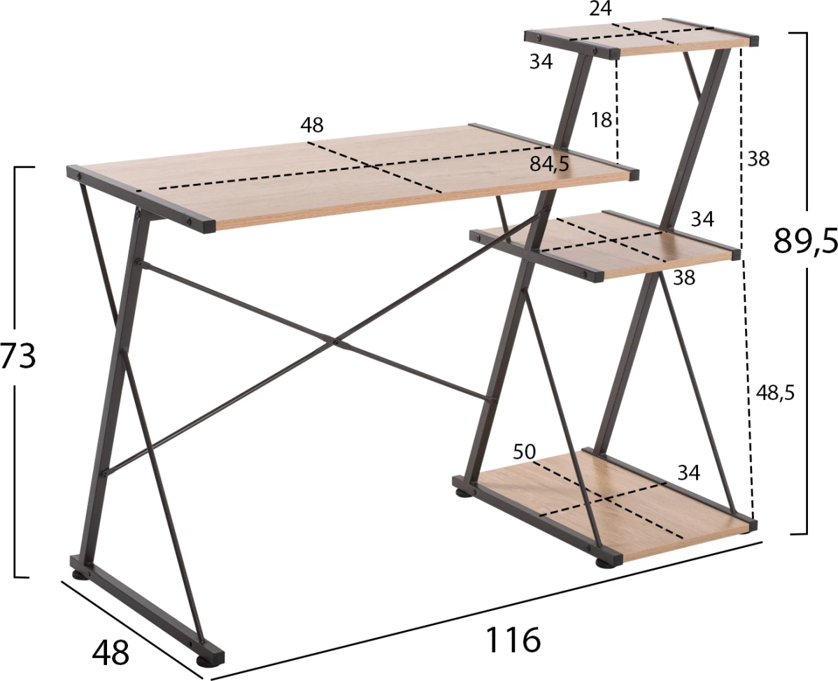 Tavolinë zyre FH9317, ngjyrë metalike e zezë me sipërfaqe tavoline MDF ngjyrë lisi, 116x48x89.5 cm