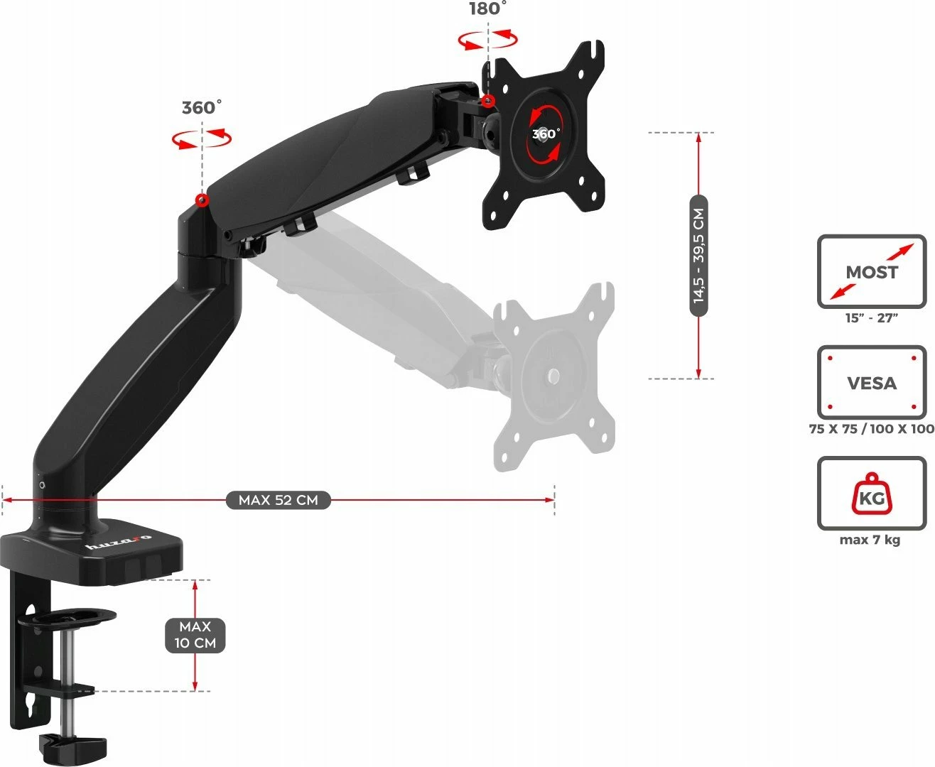 Mbajtëse tavoline për monitor Huzaro 1.2 (KG-A-HZRO-011) 15"-27", VESA 75x75/100x100, gas spring, e zezë
