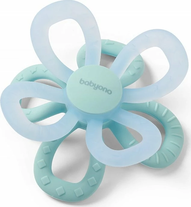 Lodër dhëmbëzimi silikoni BabyOno 1596/02 Flower 9×9 cm, blu/mentë
