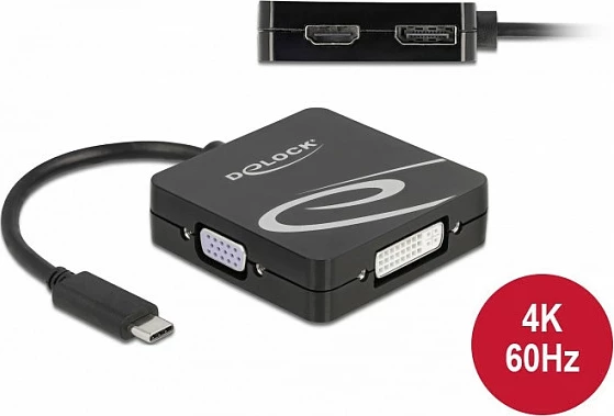 Adapter USB-C DeLOCK 4-në-1 (VGA/DVI/HDMI/DisplayPort), 4K, i zi