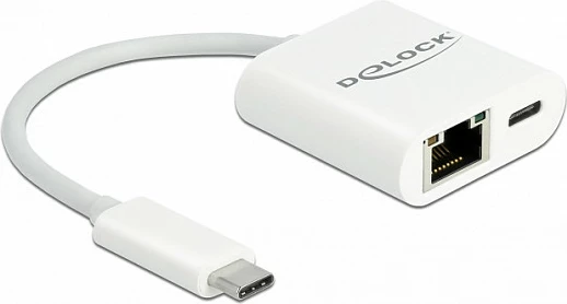 Adapter DeLOCK USB-C në Gigabit LAN 10/100/1000 Mbps me Power Delivery 60W, i bardhë