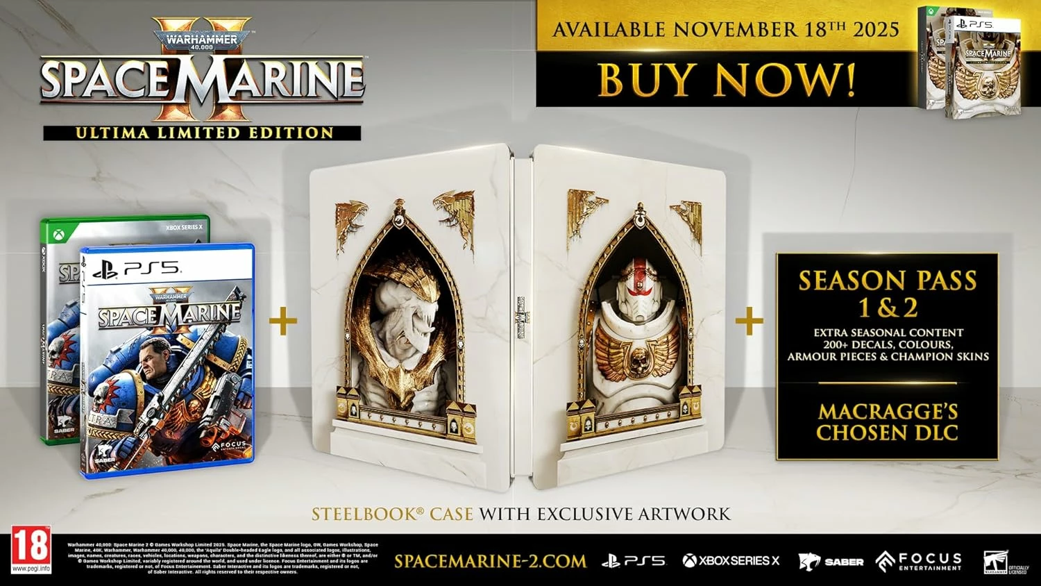 Lojë PS5 Focus Entertainment Warhammer 40,000: Space Marine 2, Ultima Limited Edition, PEGI 18, me SteelBook + Season Pass 1/2 + DLC Macragge's Chosen