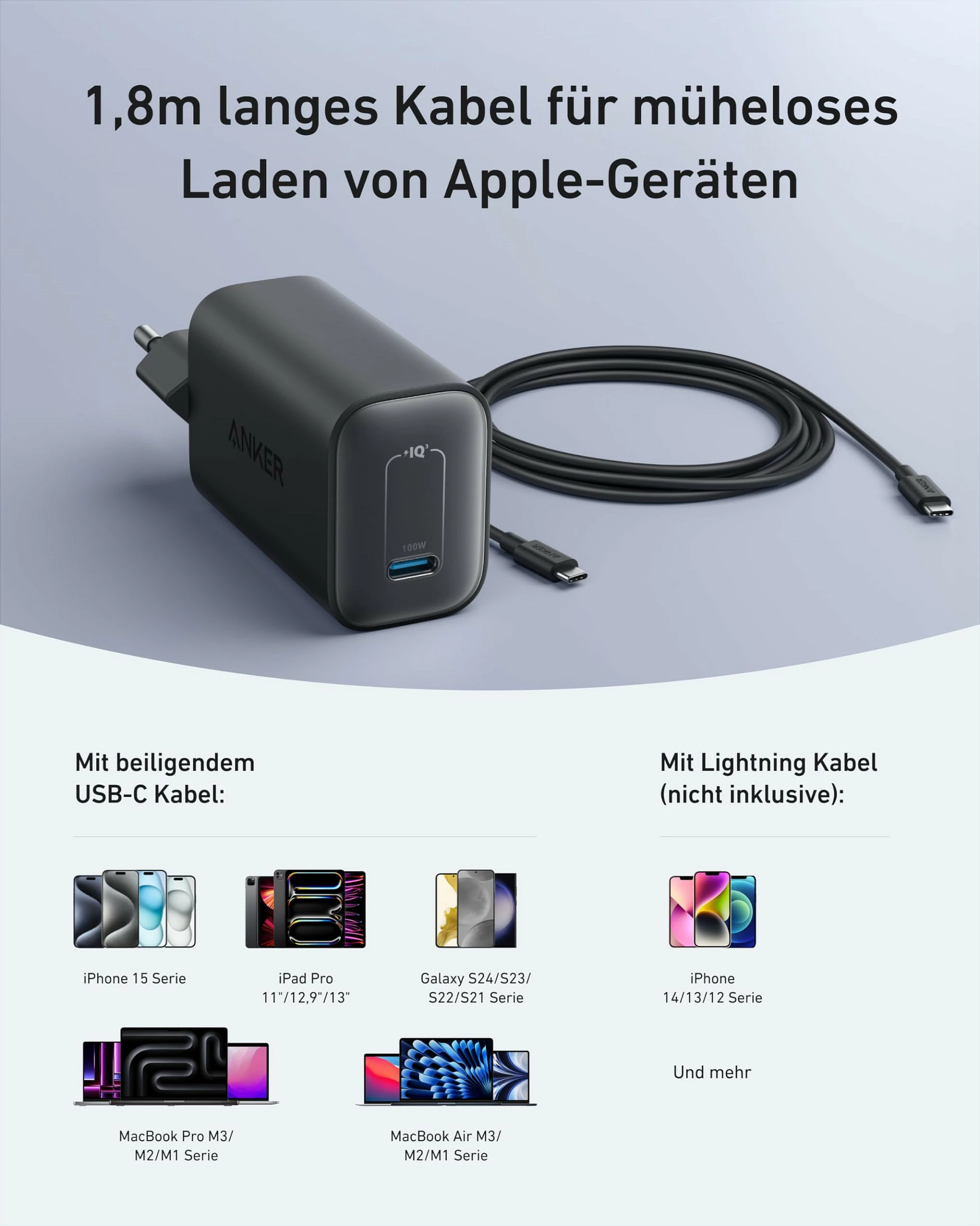Karikues Anker Nano 100W, USB-C, me kabllo USB-C 1.8m, i zi