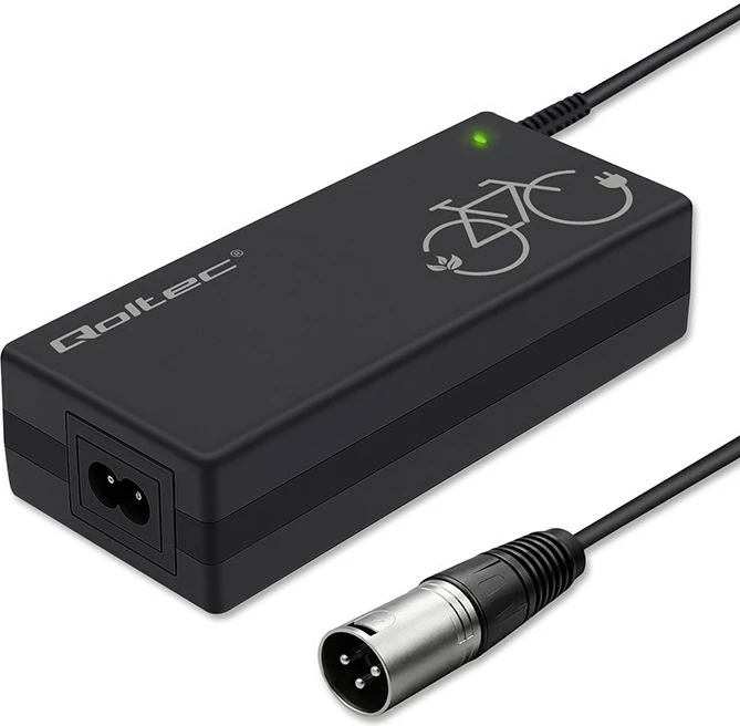 Karikues biçikletë elektrike, Qoltec, 52615, 42V 2A 84W, 3P XLR 18mm, për bateri 36V Li-ion, IP54, me kabllo rryme, e zezë