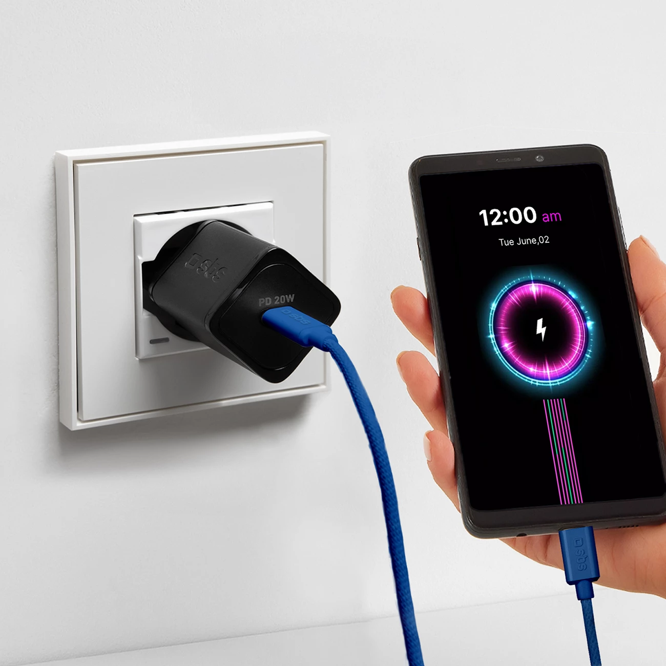 Kabllo USB-C në USB-C SBS TECABLETISSUETCCB, 1.5m, 60W, tekstil, Blu